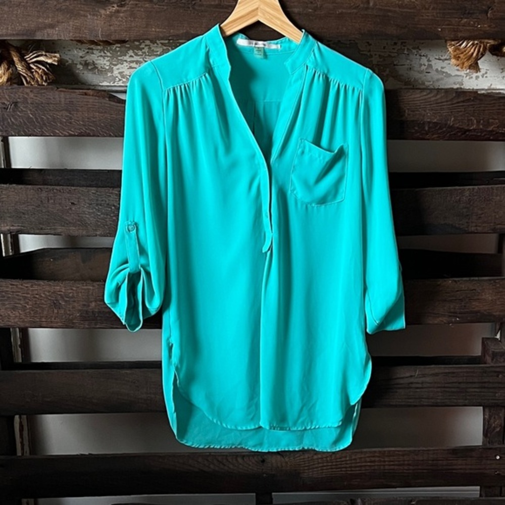 🟠41 HAWTHORN 3/4 Sleeve Button Down Tunic Blouse in Mint SMALL